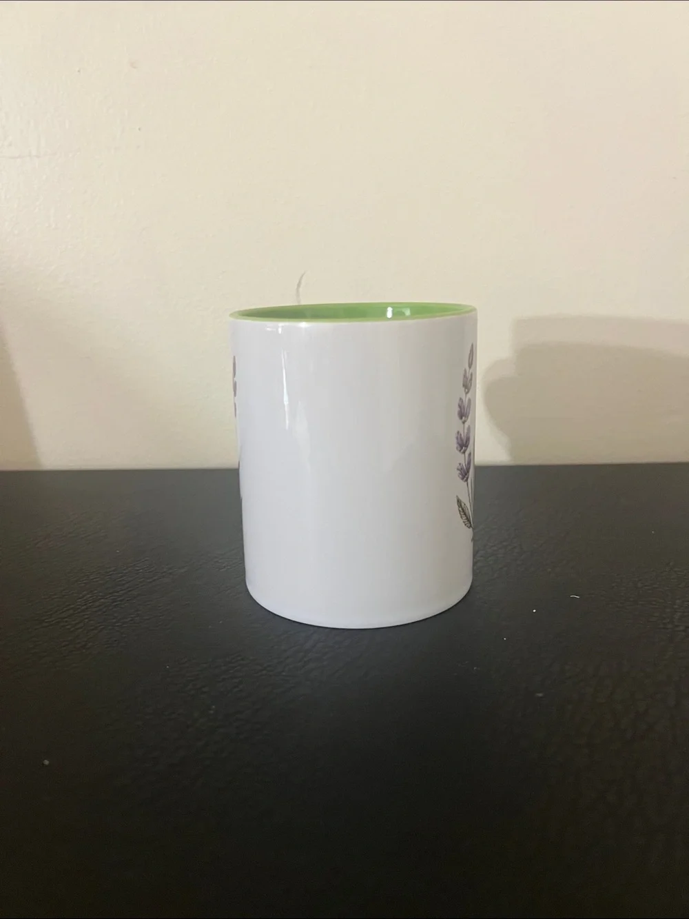 Lavender Bloom White and Green Ceramic Mug - Heart Handle